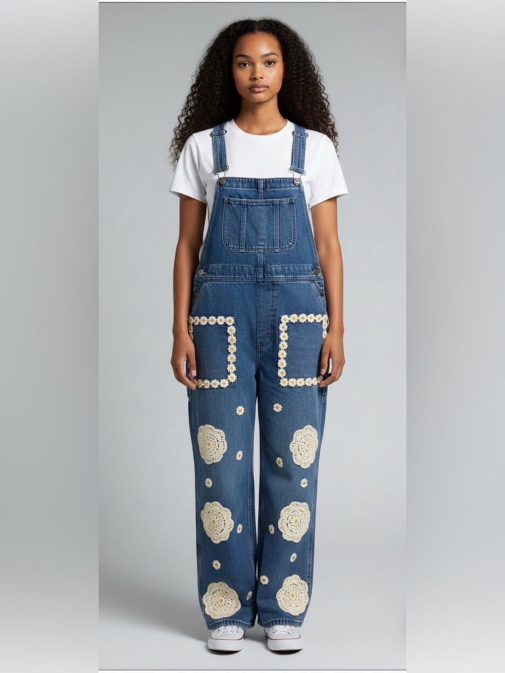 One of a kind Blue Denim Overalls with White Crochet Accents